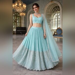 Teal Blue Sequin Zari Embroidery Work Lehenga Choli